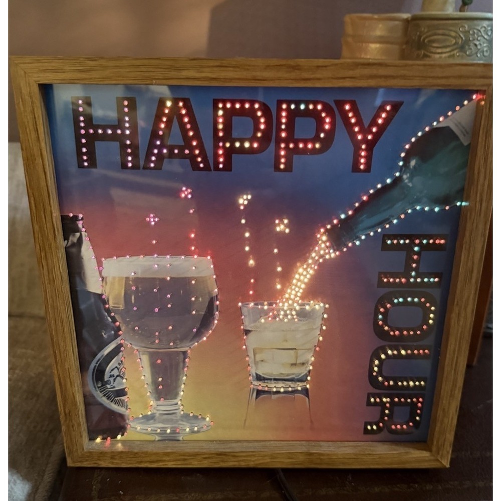 VINTAGE HAPPY HOUR LIGHTED BAR SIGN. Twinkle Multicolor Wooden Cube MCM 1980